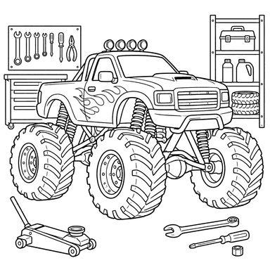 Monster Truck in a Workshop Coloring Page