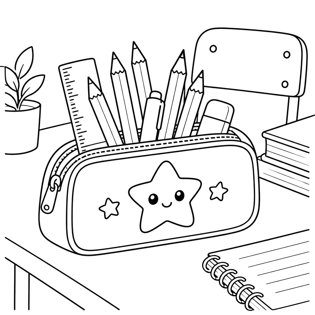 Pencil Case with Pencils on a Desk Coloring Page