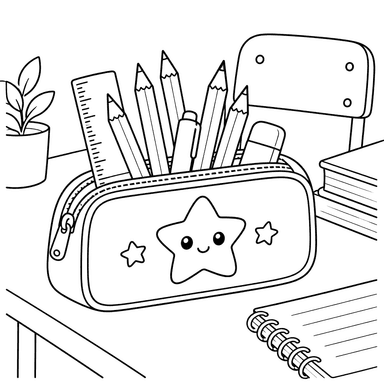 Pencil Case with Pencils on a Desk Coloring Page