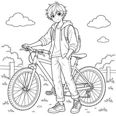 Anime Boy with a Bicycle Coloring Page
