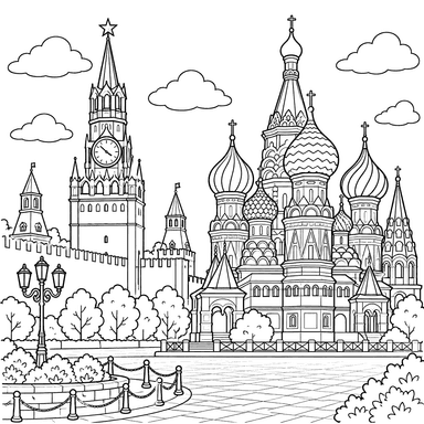 Kremlin and St Basil’s Cathedral, Russia Coloring Page
