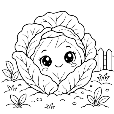 Cute Cartoon Cabbage in a Garden Coloring Page