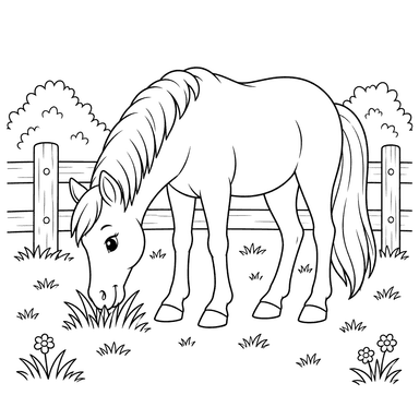 Horse Grazing by a Wooden Fence