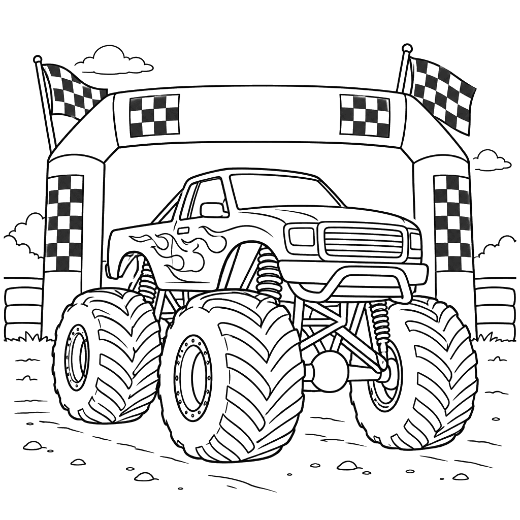 Monster Truck at Finish Arch Coloring Page