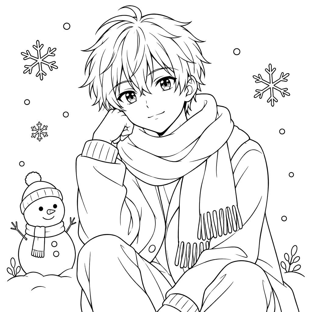 Anime Boy in Winter with a Snowman