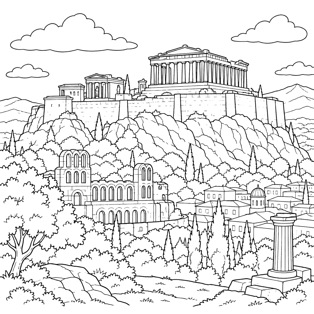 Acropolis Above Athens, Greece Coloring Page