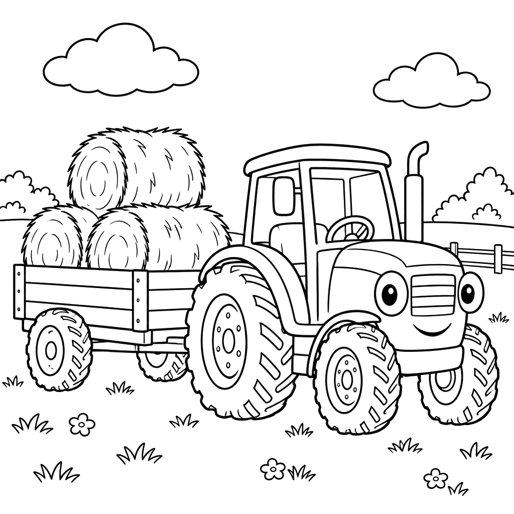 Tractor Hauling Hay Bales Coloring Page