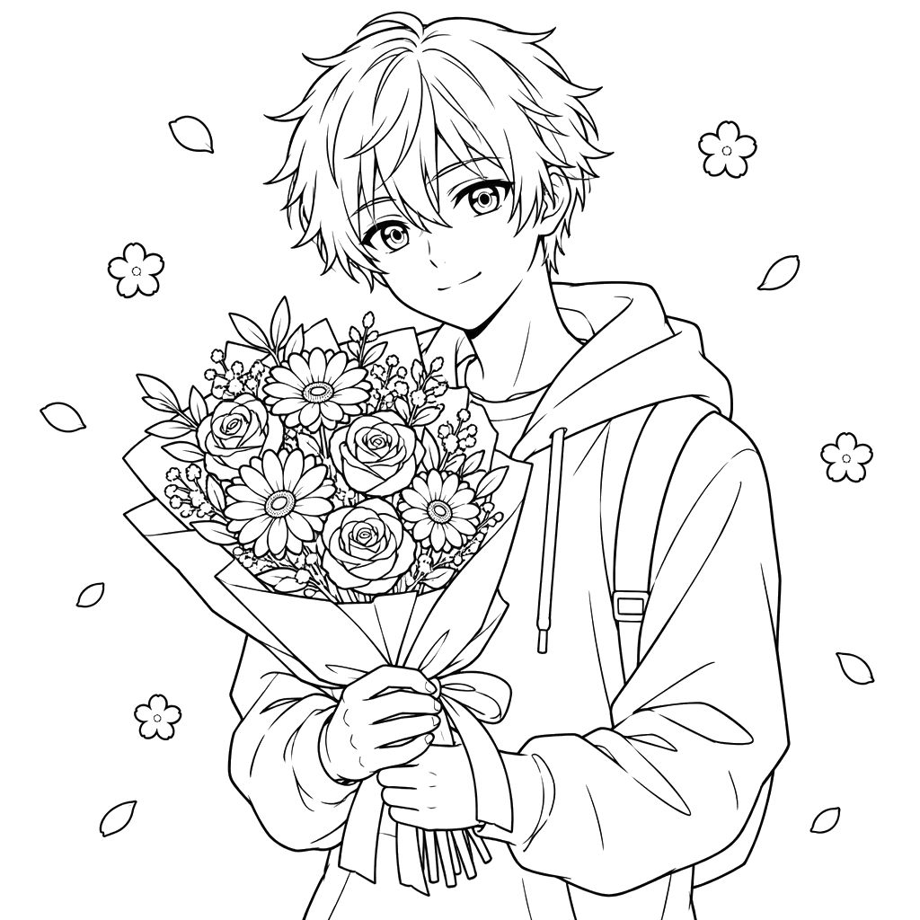 Anime Boy Holding a Flower Bouquet