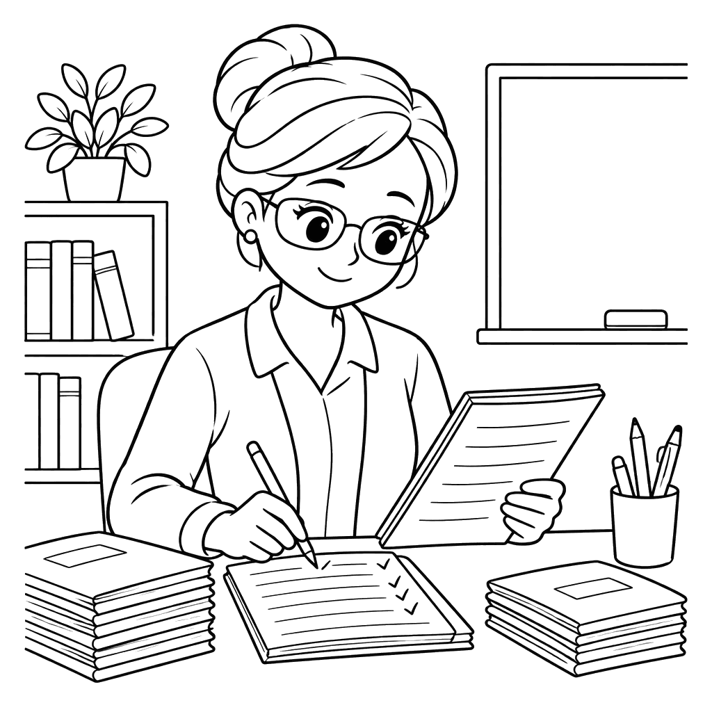 Teacher Checking Notebooks Coloring Page