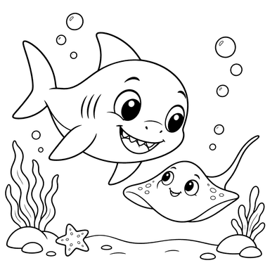 Baby Shark and Small Stingray Coloring Page