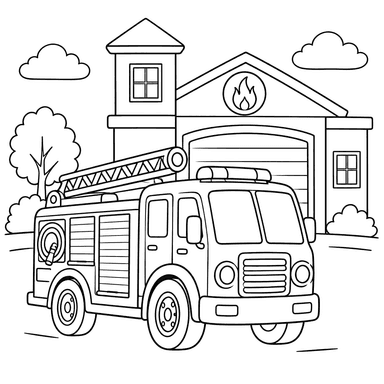 Fire Truck at the Fire Station Coloring Page