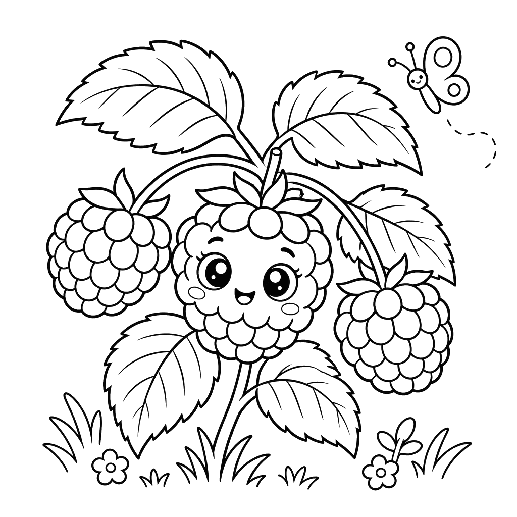 Smiling Raspberry and Butterfly Coloring Page
