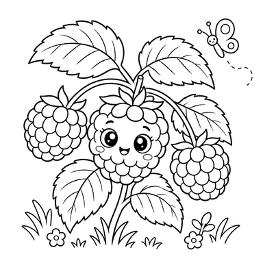 Smiling Raspberry and Butterfly Coloring Page