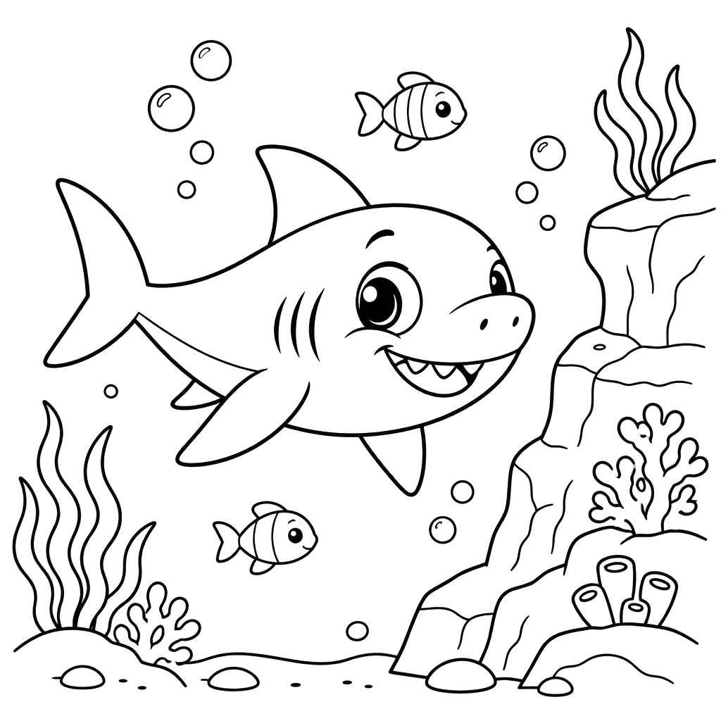 Baby Shark by an Underwater Rock Coloring Page