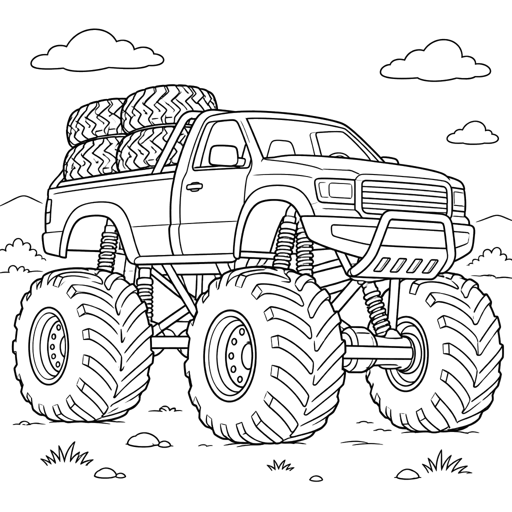 Monster Truck Carrying Spare Tires Coloring Page