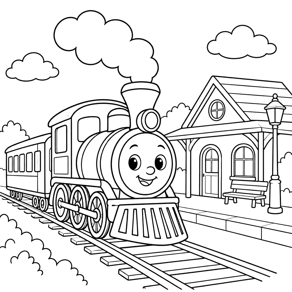 Steam Train at a Station Coloring Page