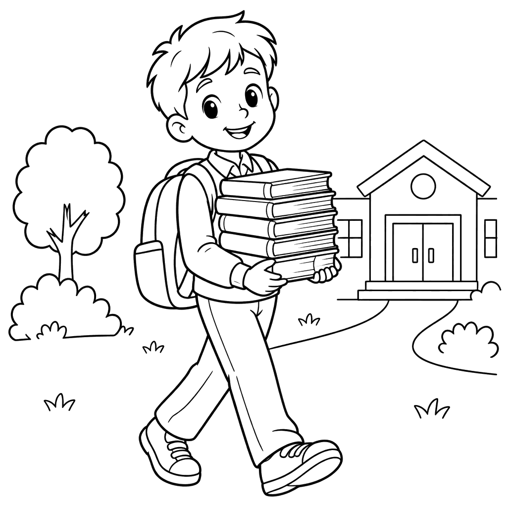 Schoolboy with Textbooks Coloring Page
