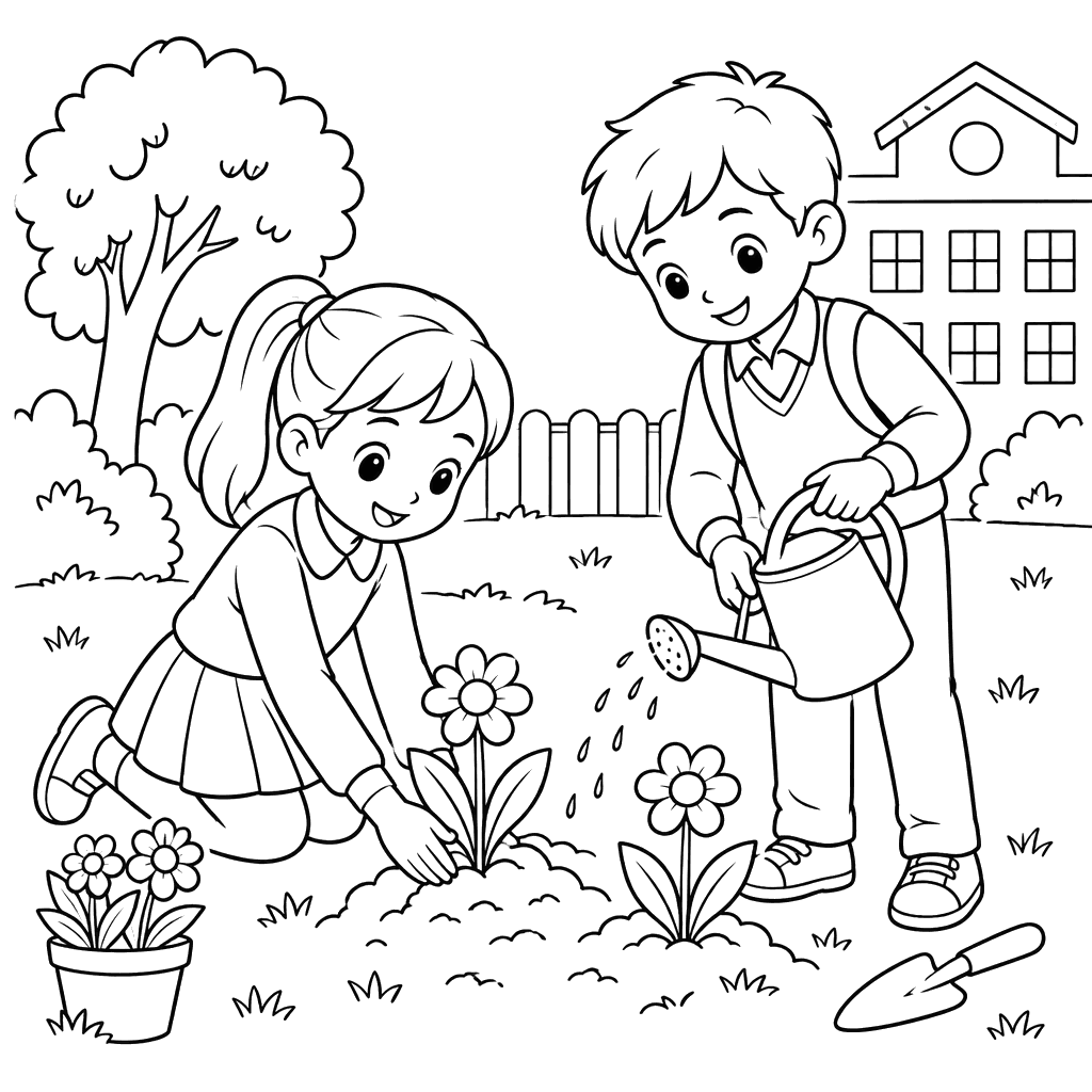 Schoolchildren Planting Flowers Coloring Page