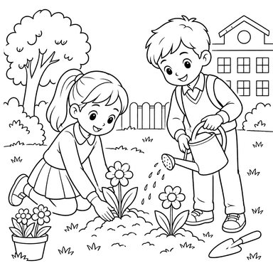 Schoolchildren Planting Flowers Coloring Page