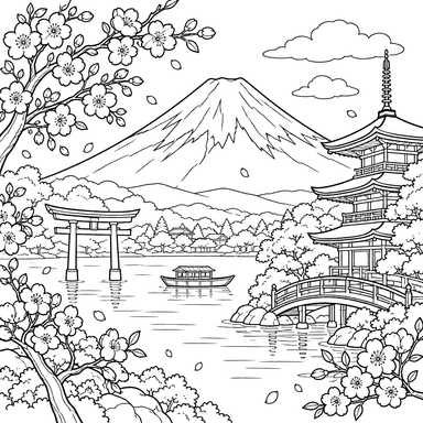 Mount Fuji and Cherry Blossoms Coloring Page