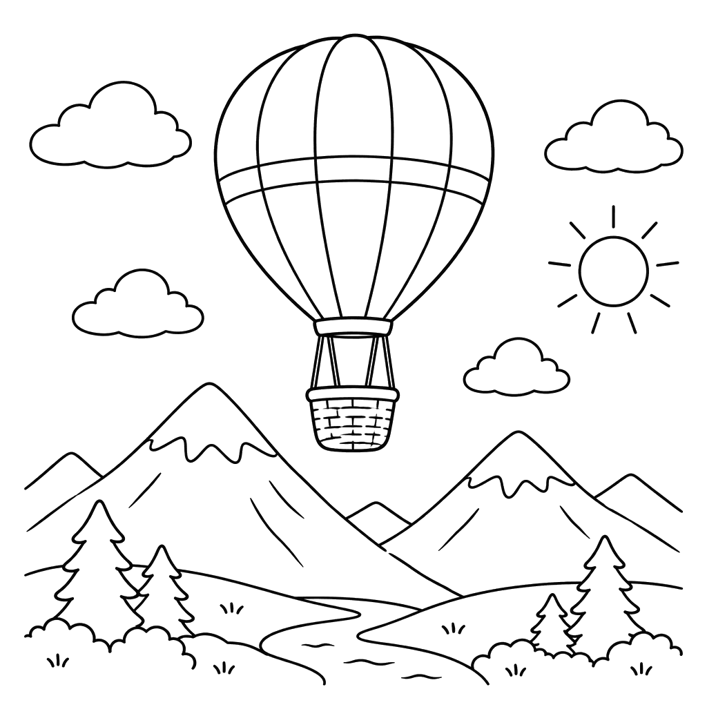 Hot Air Balloon Over Mountains Coloring Page