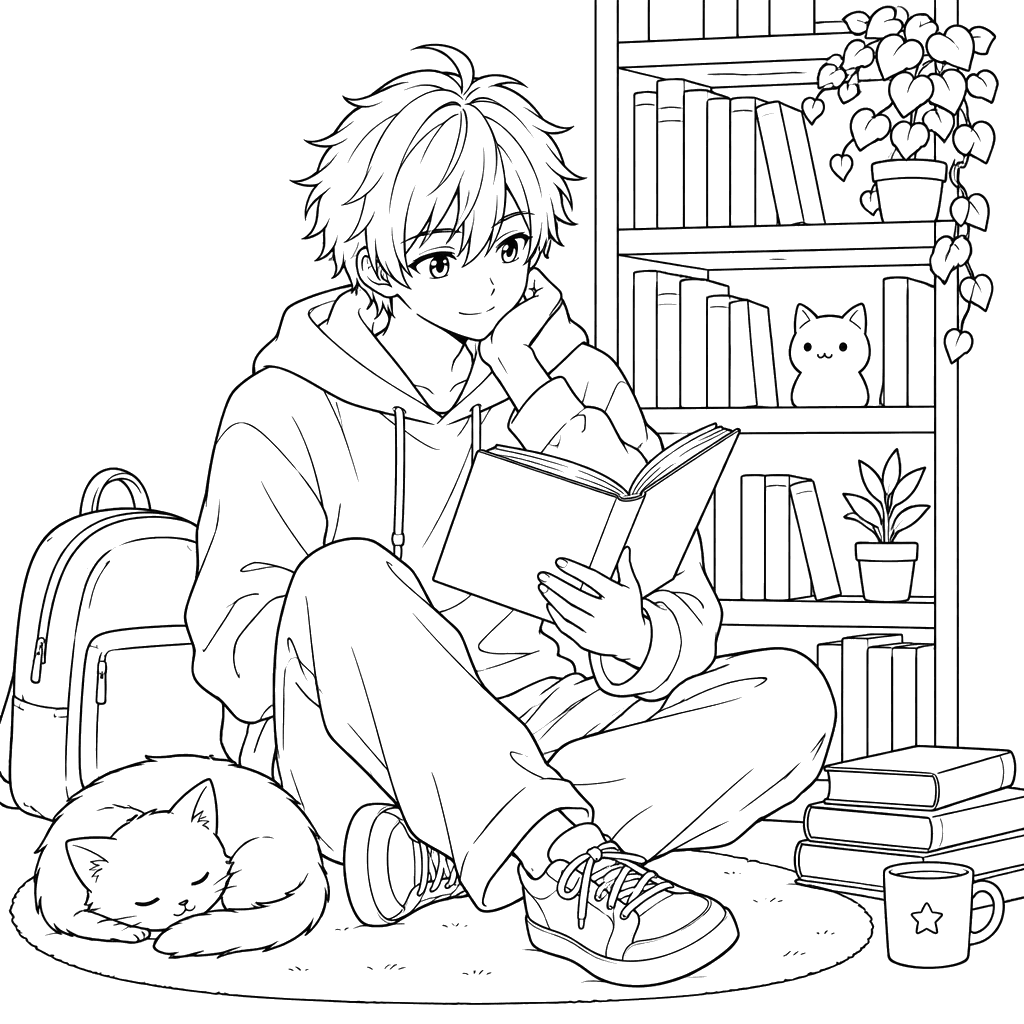 Anime Boy with an Open Book and Sleeping Cat