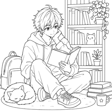 Anime Boy with an Open Book and Sleeping Cat