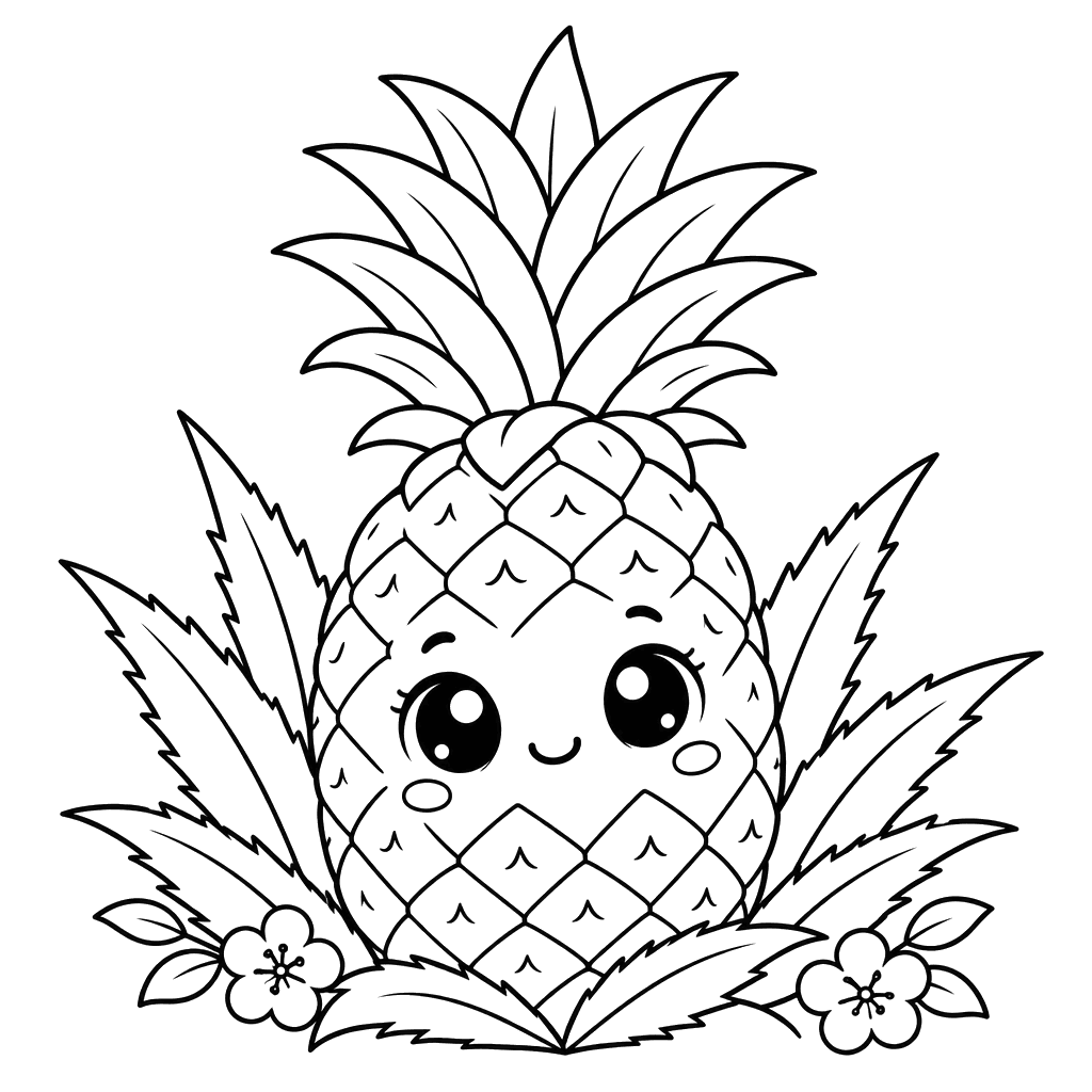 Cute Pineapple with Flowers Coloring Page