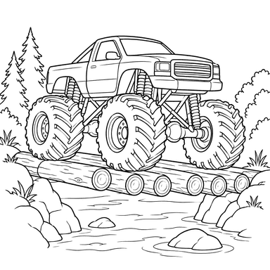 Monster Truck on a Log Bridge Coloring Page