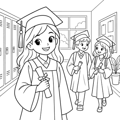 School Graduates in a Hallway Coloring Page
