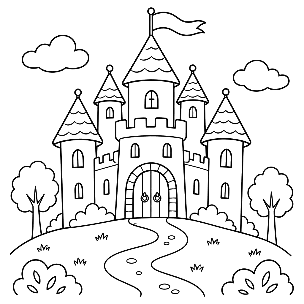 Castle on a Hill with a Flag Coloring Page