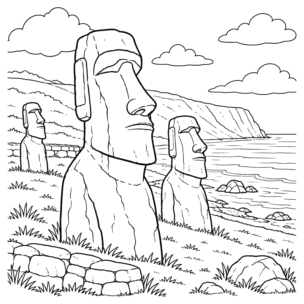 Three Moai on Easter Island, Chile Coloring Page