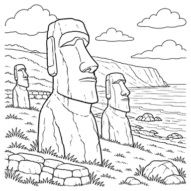 Three Moai on Easter Island, Chile Coloring Page