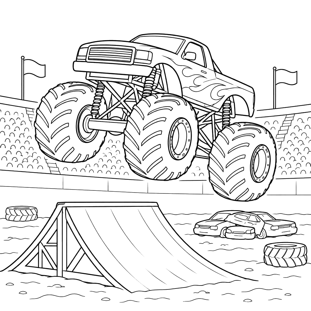 Monster Truck and Arena Ramp Coloring Page