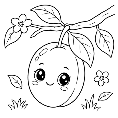 Cute Plum on a Garden Branch Coloring Page