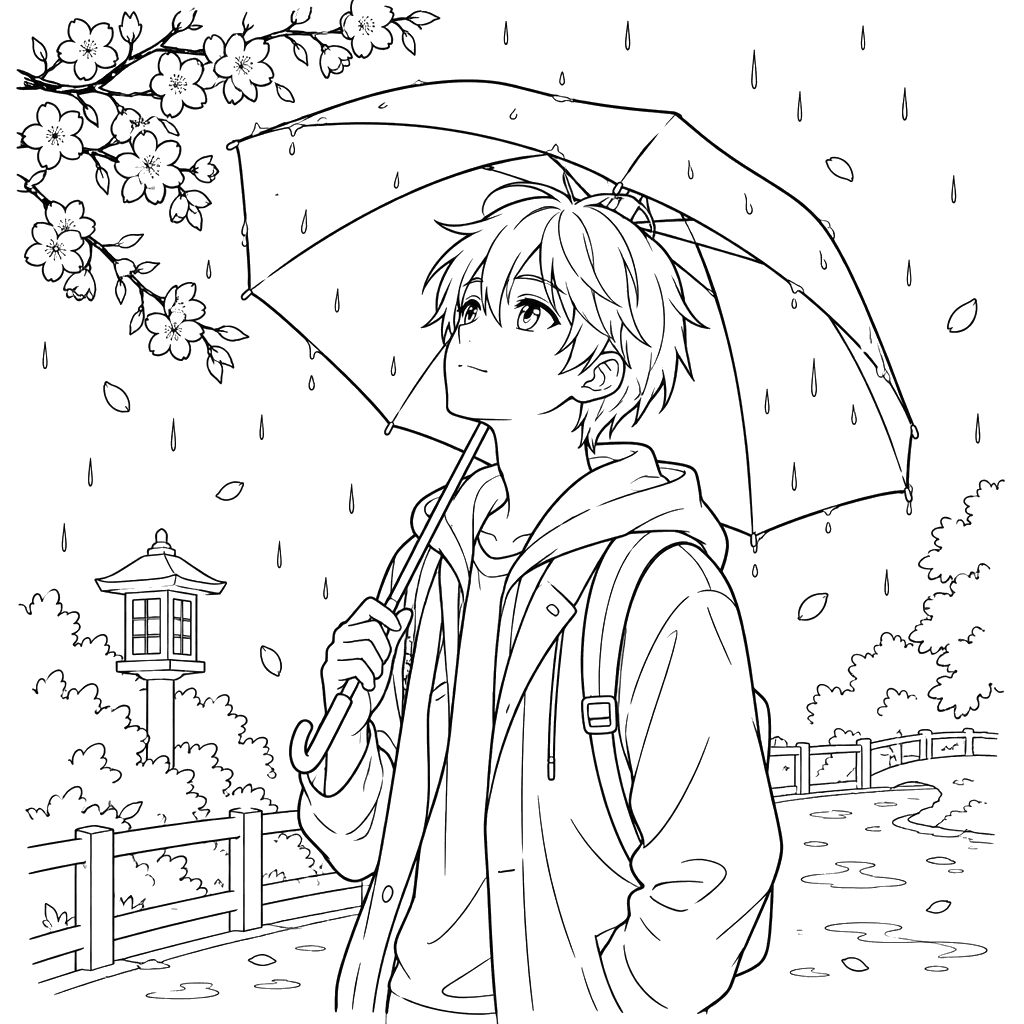 Anime Boy with an Umbrella in the Rain