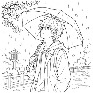 Anime Boy with an Umbrella in the Rain