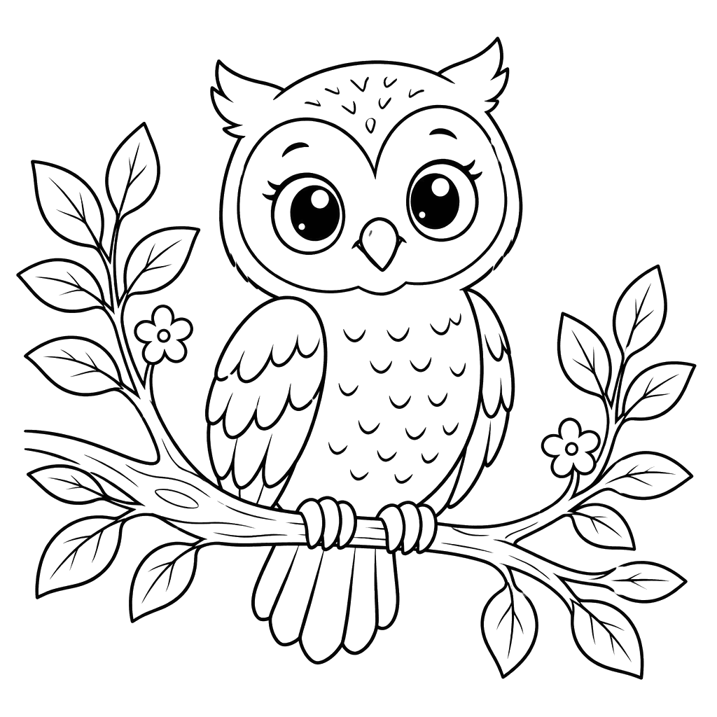 Owl on a Flowering Branch Coloring Page