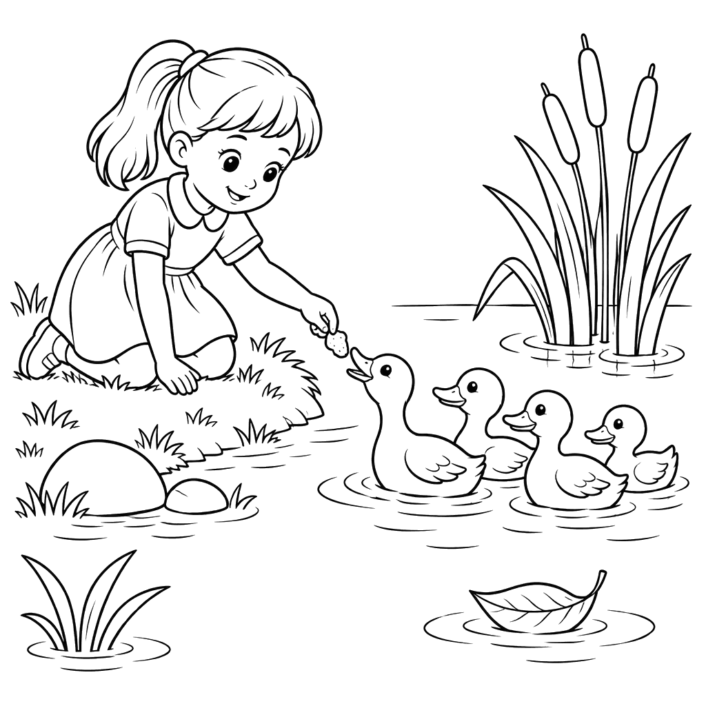 Girl Feeding Ducks at the Pond