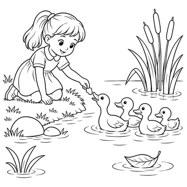 Girl Feeding Ducks at the Pond