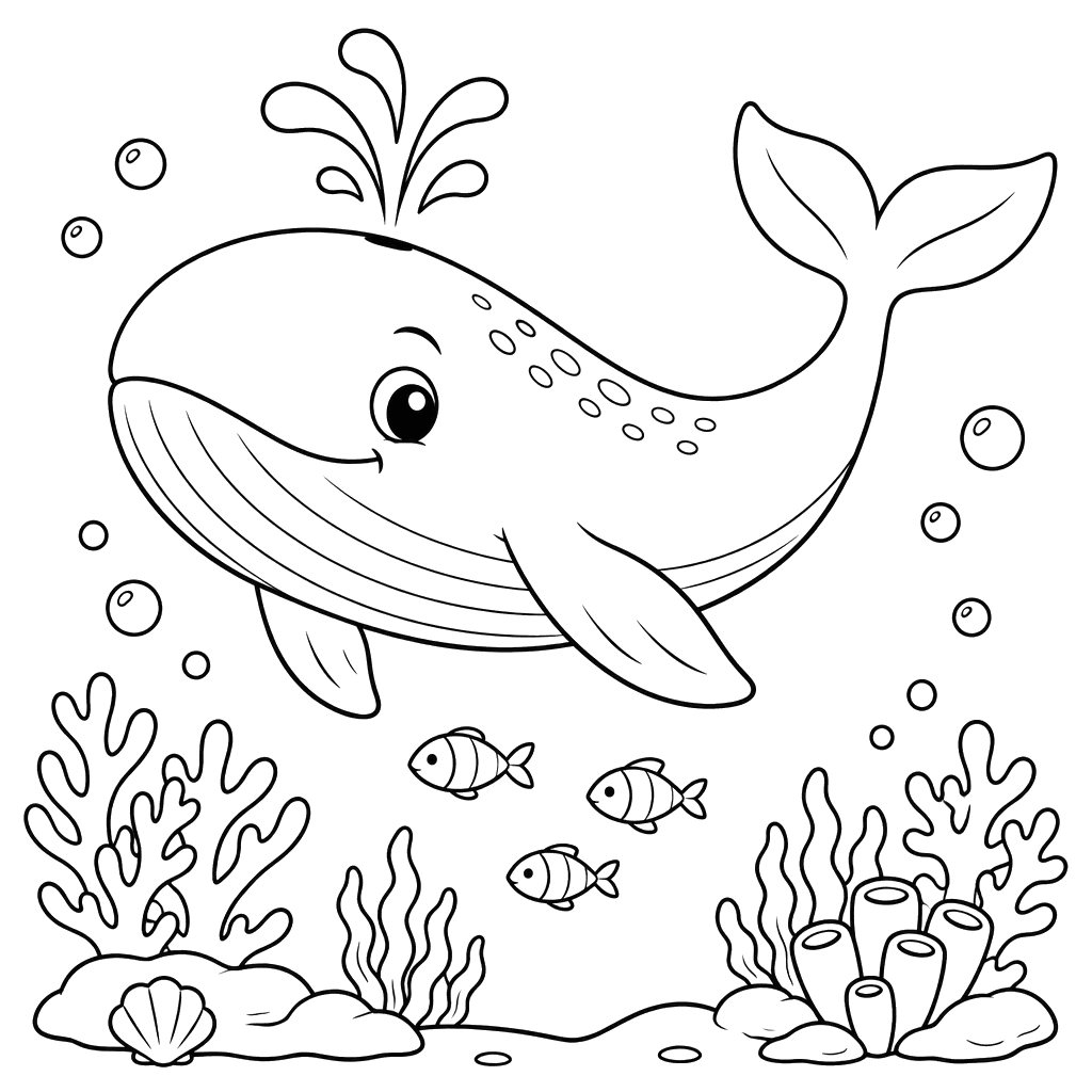 Whale Above a Coral Reef Coloring Page