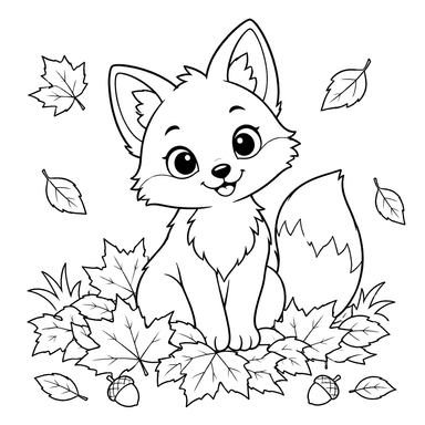 Fox Cub in Autumn Leaves Coloring Page