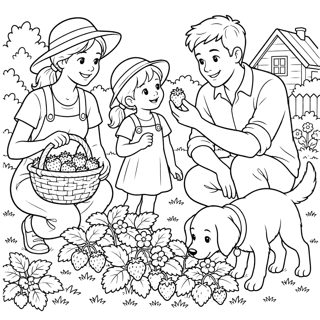 Strawberry Picking Family Coloring Page