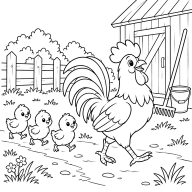 Rooster and Chicks in the Farmyard