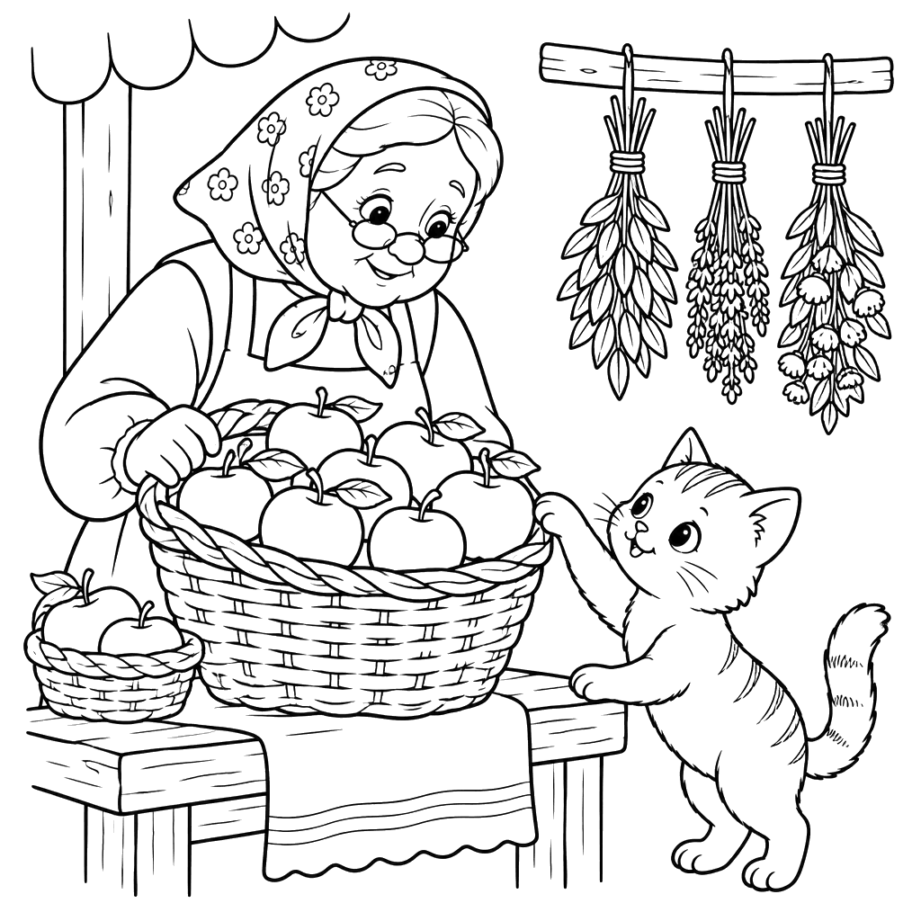 Grandmother, Apples and Kitten Coloring Page