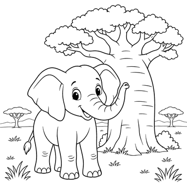 Elephant by a Baobab Tree in the Savanna