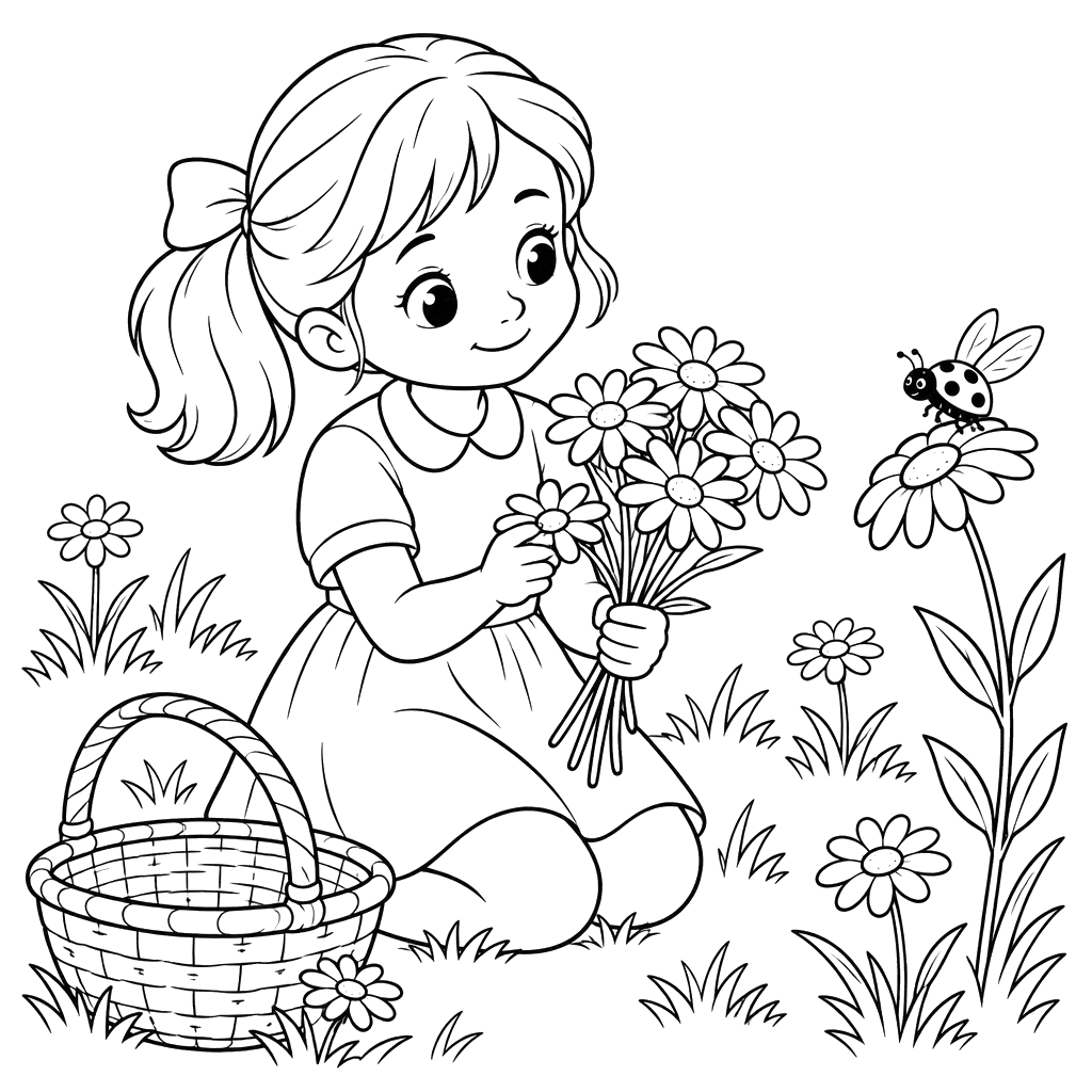 Girl with Daisies Coloring Page