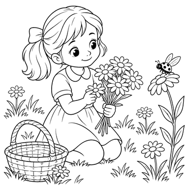 Girl with Daisies Coloring Page