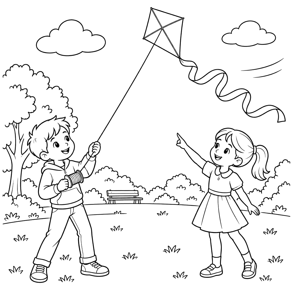 Children Flying a Kite in the Park