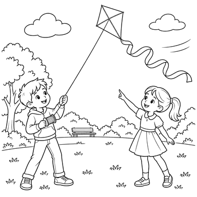 Children Flying a Kite in the Park